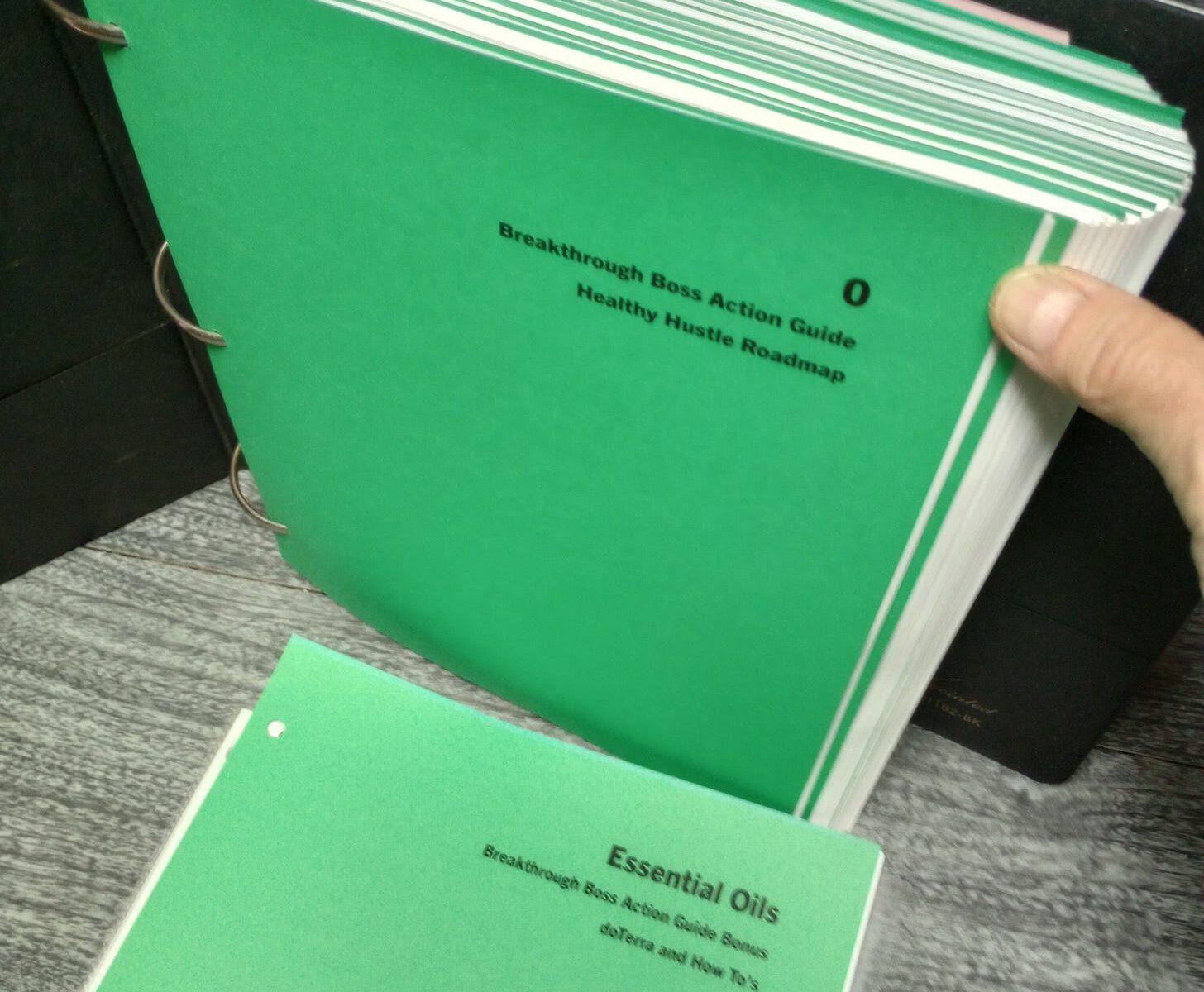 Large size three ring binder full with a printed out Action Guide and green cardstock dividers between the modules.